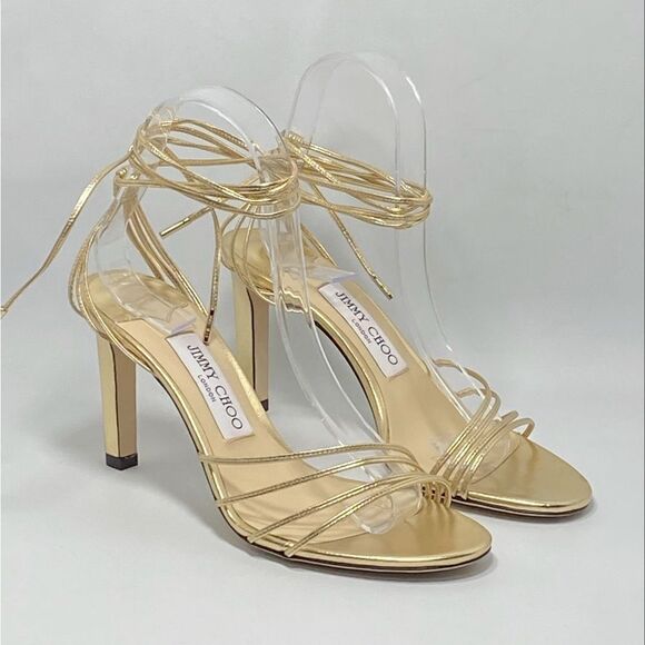 Jimmy Choo Antia Metallic Leather Ankle-Tie Sandals size 37.5 - Picture 4 of 12